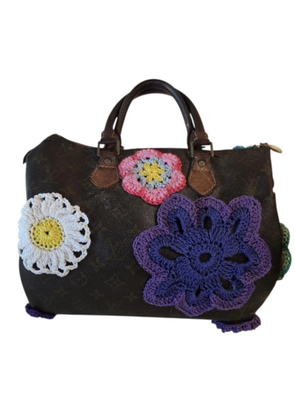 Louis Vuitton Brown Satchel with Multicolor Crochet Flower Appliqués